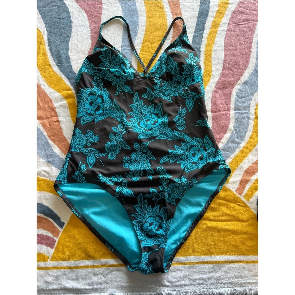 Old Navy Black Turquoise Floral One-Piece Swimsuit Plus Size 1X